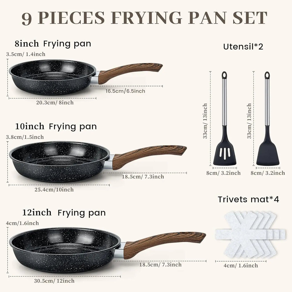 Nonstick Frying Pan Set - 9 Pieces, 3 Sizes (8"/10"/12"), PFOA Free, Induction & Oven Safe, Easy Clean for Home Cooking